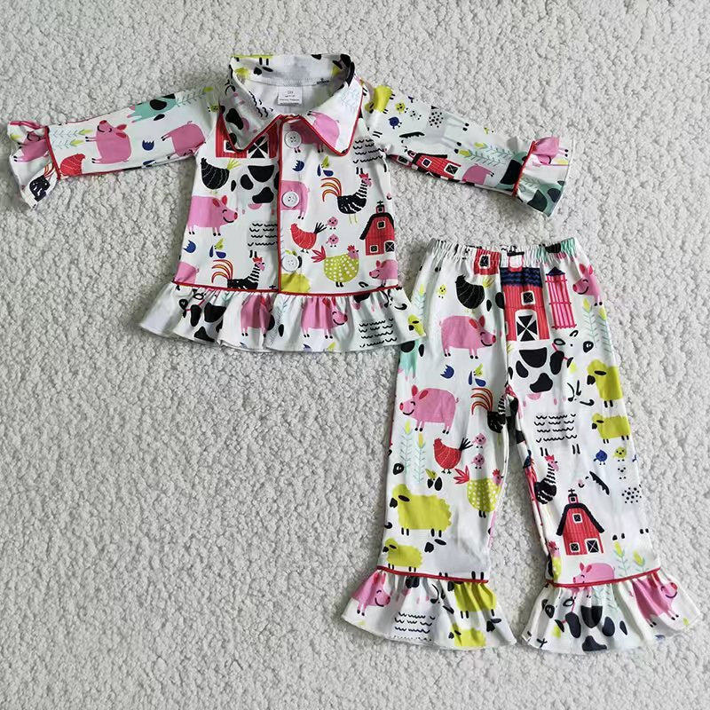 Sibling Baby Girls Western Horses Cows Print Leopard Button Top Ruffle Pants Pajamas Sets