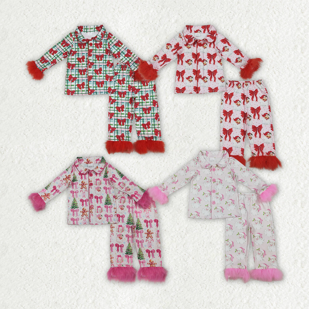 Sibling Baby Girls Christmas Fur Sleeve Bows Buttons Top Pants Pajamas Sets