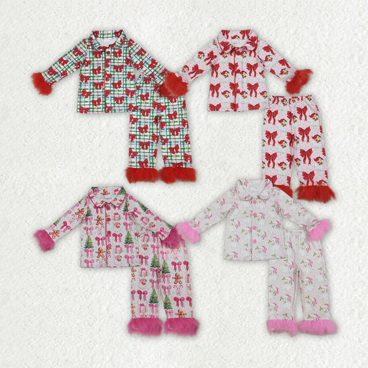 Sibling Baby Girls Christmas Fur Sleeve Bows Buttons Top Pants Pajamas Sets