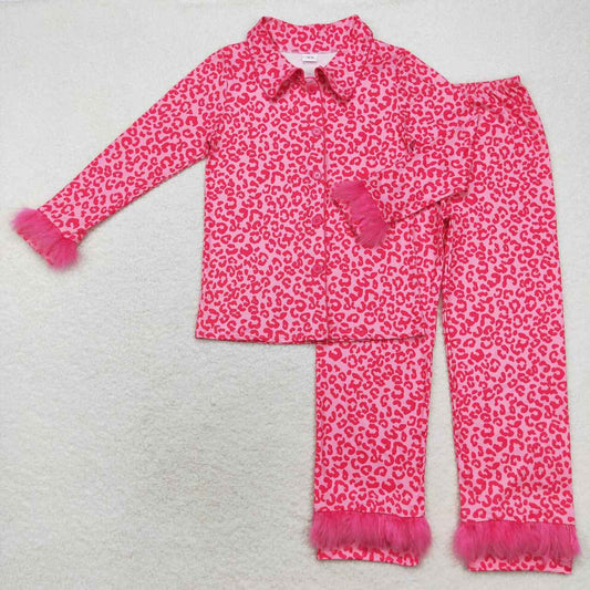 GLP1261 Adult Women Hot Pink Leopard Button Top Pants Winter Fur Sleeve Pajamas Set