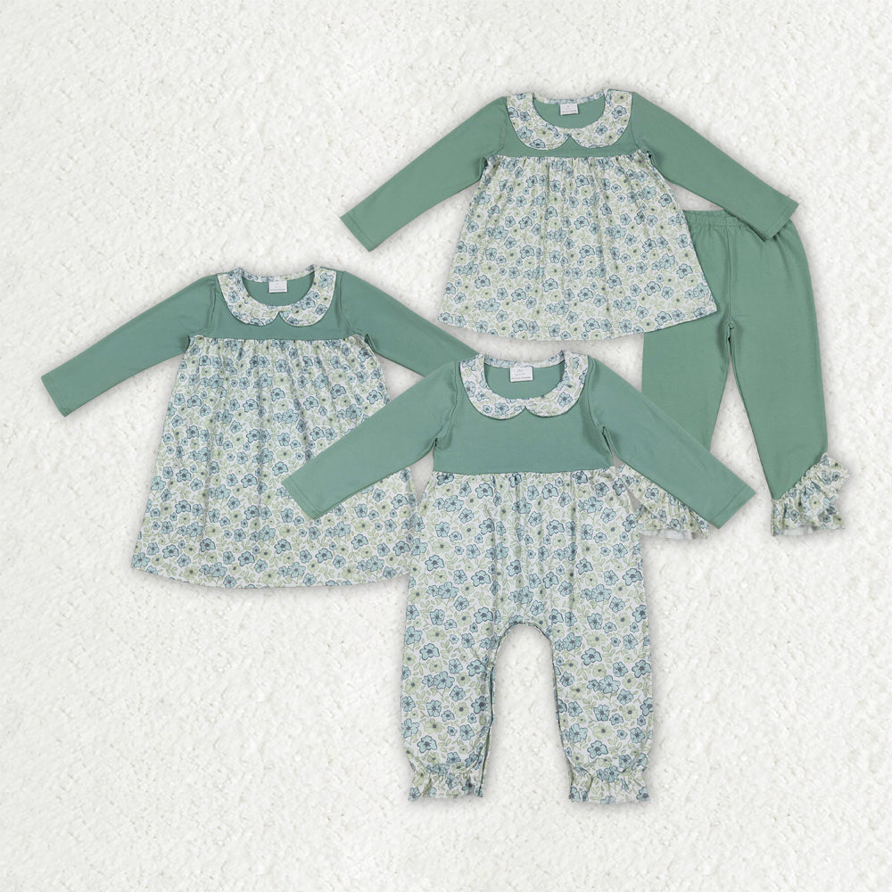 Sibling Baby Girls Green Floral Rompers Dressses Outfits Sets