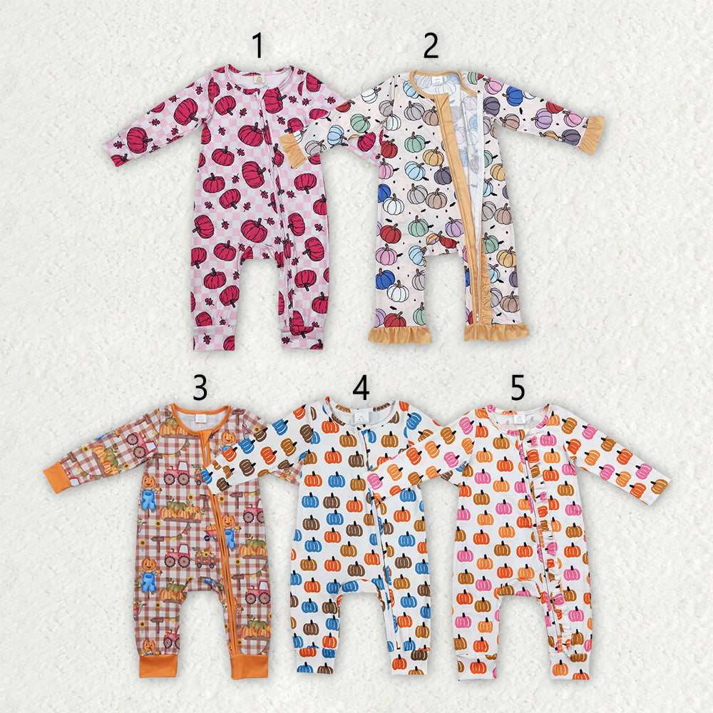 Sibling Baby Infant Girls Pumpkins Fall Zip Rompers