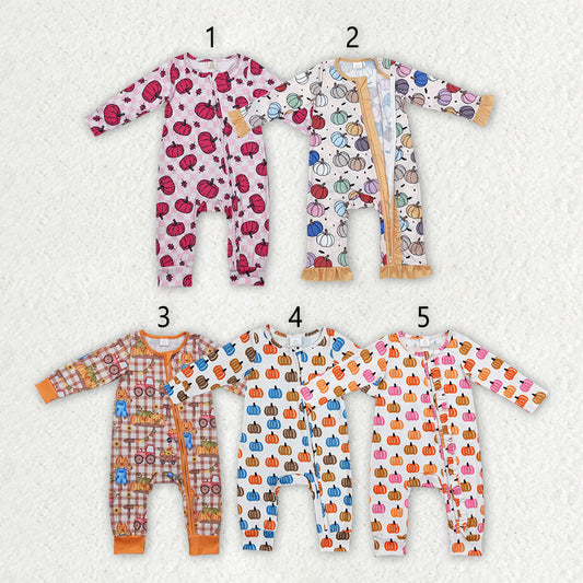 Sibling Baby Infant Girls Pumpkins Fall Zip Rompers