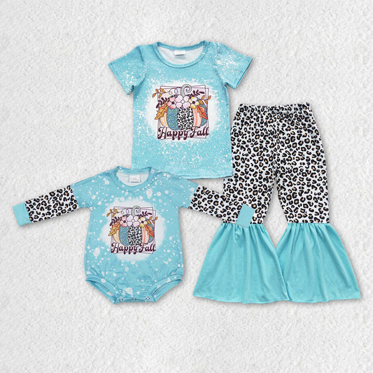 Sibling Baby Girls Happy Fall Blue Pumpkin Rompers Outfits Sets