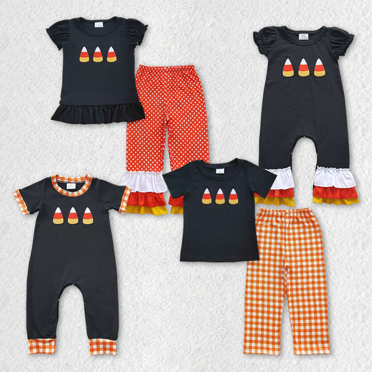 Sibling Baby Girls Halloween Candy Embroidery Rompers Outfits Sets