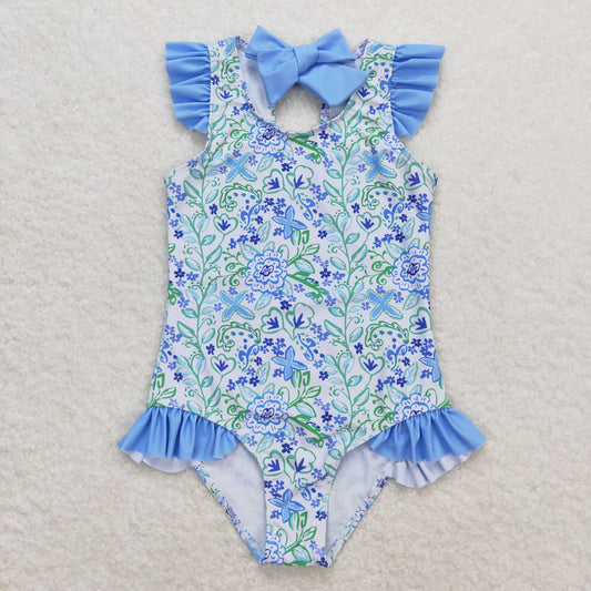 S0278 baby girl clothes blue green floral girl summer swimsuit