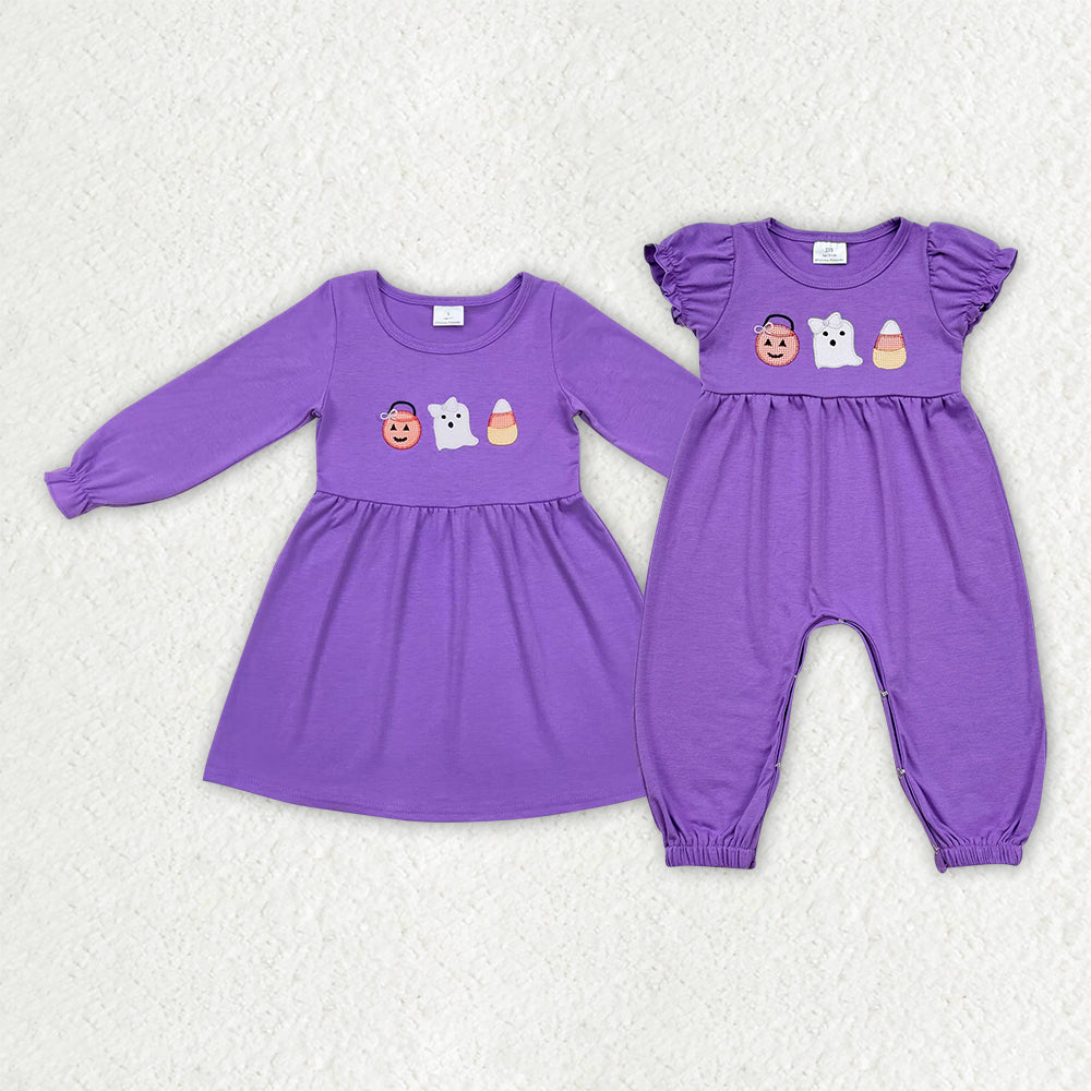 Sibling Baby Girls Lavender Ghost Halloween Rompers Dresses