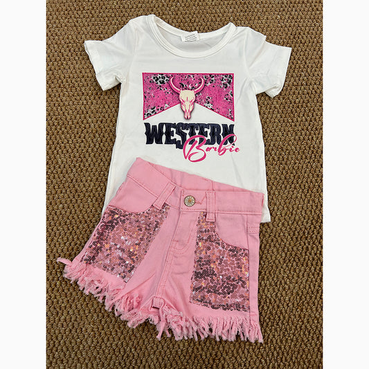 baby girl western doll shirt pink sequin denim shorts outfits sets