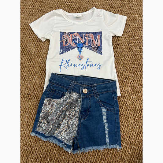 baby girl western Rhinestone shirt sequin denim shorts outfits sets