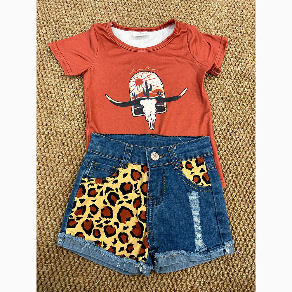 baby girl western cow shirt leopard denim shorts outfits sets