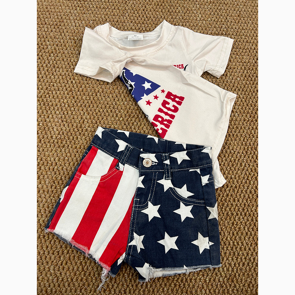 baby girl western 4th of july cow shirt denim shorts outfits sets