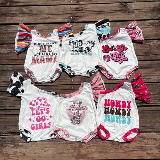 Sibling baby girls western flutter sleeve cowgirls rompers