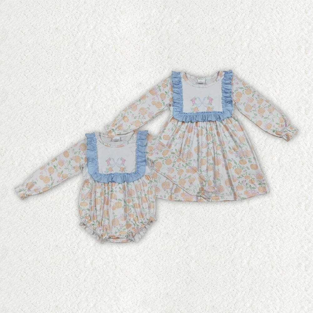 Sibling Baby Girls Pumpkins Flowers Bib Rompers Dresses