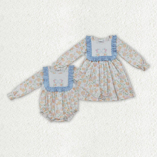 Sibling Baby Girls Pumpkins Flowers Bib Rompers Dresses