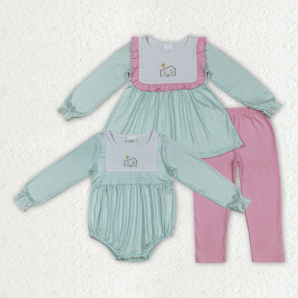 Sibling Baby Girls Blue Christmas Nativity Jesus Rompers Outfits Sets