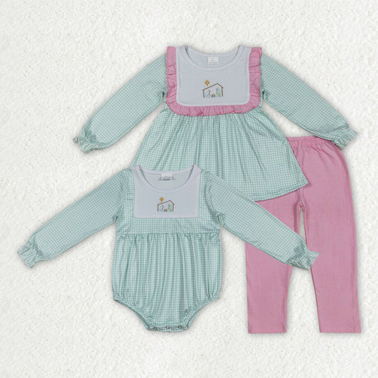 Sibling Baby Girls Blue Christmas Nativity Jesus Rompers Outfits Sets