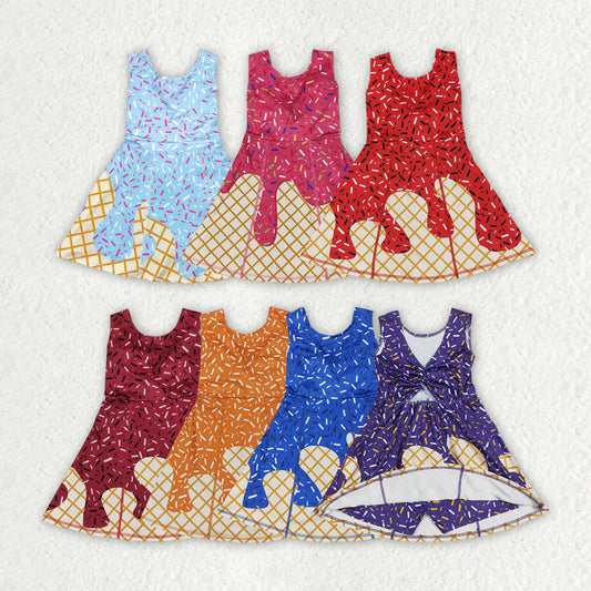 7 Colors Sibling Baby Girls Ice-cream Drip Sprinkles Yoga Skort Knee Length Dresses