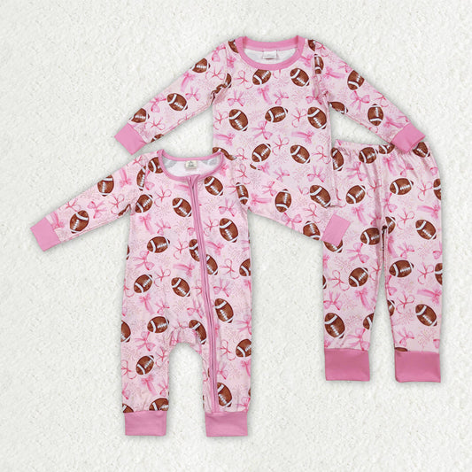 Sibling Baby Girls Pink Football Bows Rompers Pajamas Clothes Sets
