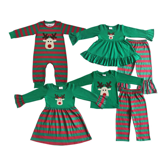 Sibling Christmas Reindeer Embroidery Rompers Dresses Outfits