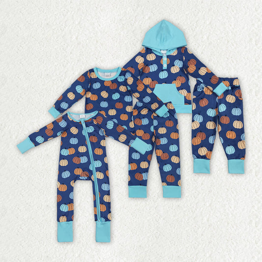 Sibling Baby Boys Blue Pumpkins Fall Outfits Pajamas Rompers Sets