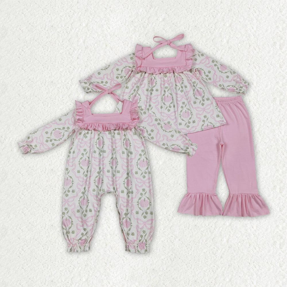 Sibling Baby Girls Pumpkins Bows Rompers Outfits Sets