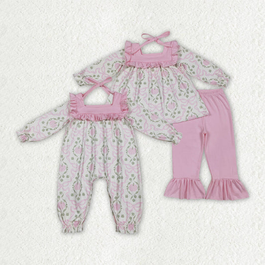 Sibling Baby Girls Pumpkins Bows Rompers Outfits Sets