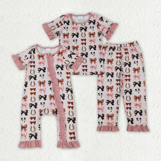 Sibling Baby Girls Pink Western Bows Horse Shoes Rompers Pajamas