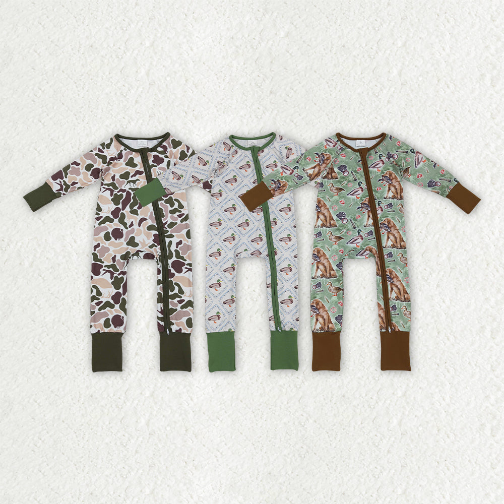 Sibling Baby Boys Ducks Hunting Season Camo Southern Zipper Footie Rompers