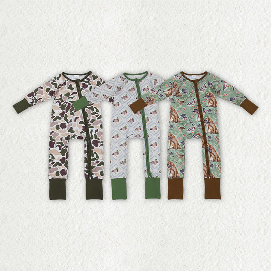 Sibling Baby Boys Ducks Hunting Season Camo Southern Zipper Footie Rompers