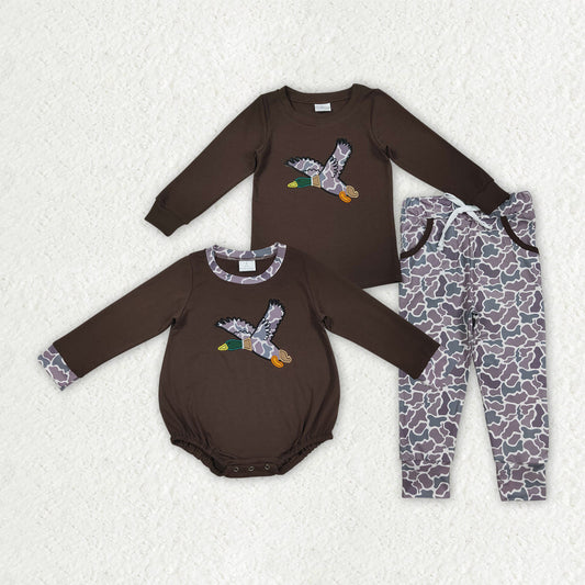 Sibling Embroidery Baby Boys Brown Duck Top Camo Rompers Outfits Sets