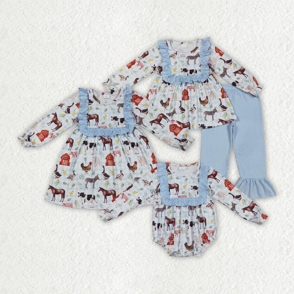 Sibling Baby Girls Farm House Animals Rompers Dresses Outfits