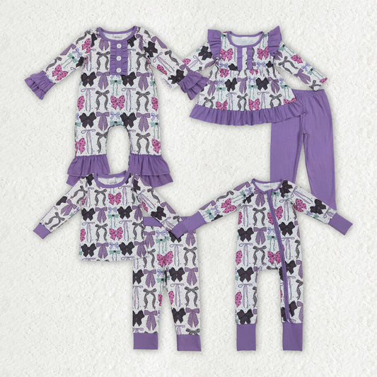 Sibling Baby Girls Purple Bows Pajamas Rompers Outfits Sets