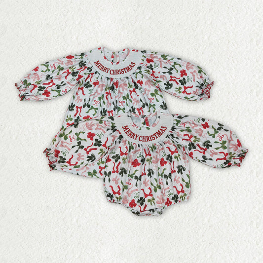 Sibling Baby Girls Smocked Embroidery Merry Christmas Rompers Dresses