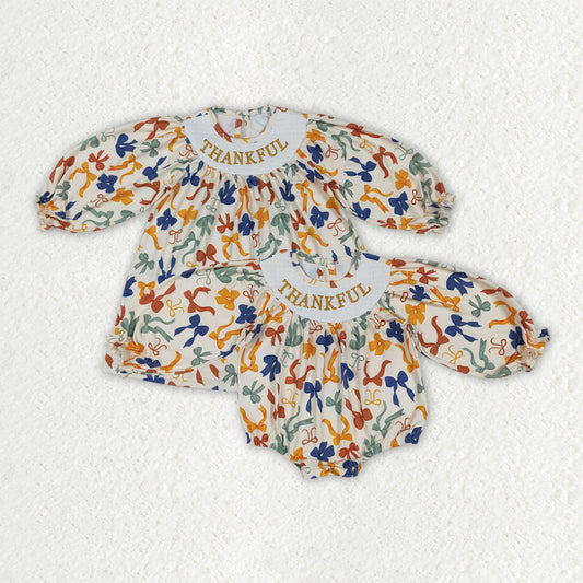 Sibling Smocked Embroidery Baby Girls Thanksgiving Thankful Colorful Bows Rompers Dresses
