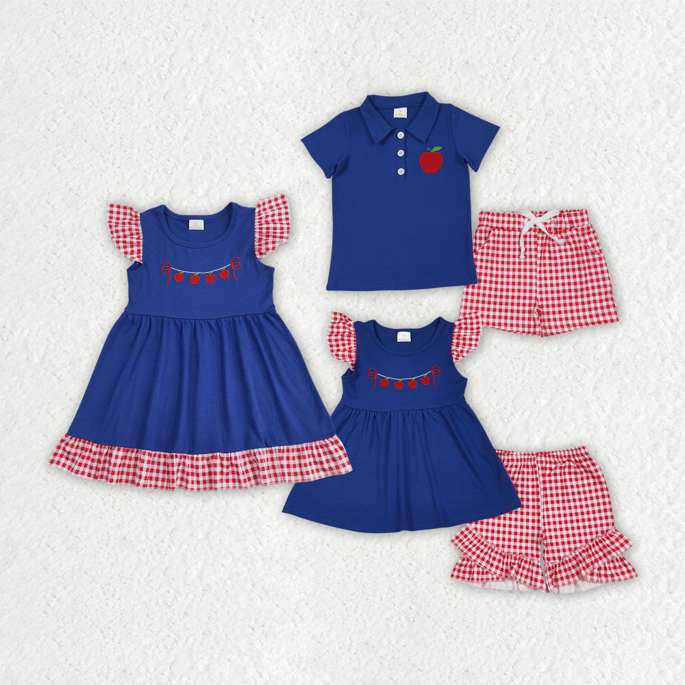 Sibling Boys Baby Girls Embroidery Apple Back To School Outfits Sets