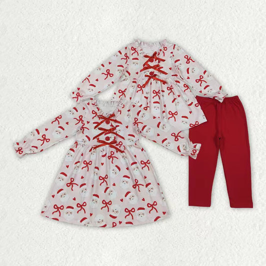 Sibling Baby Girls Bows Santa Button Tunic Leggings Christmas Clothes Set Knee Length Dress
