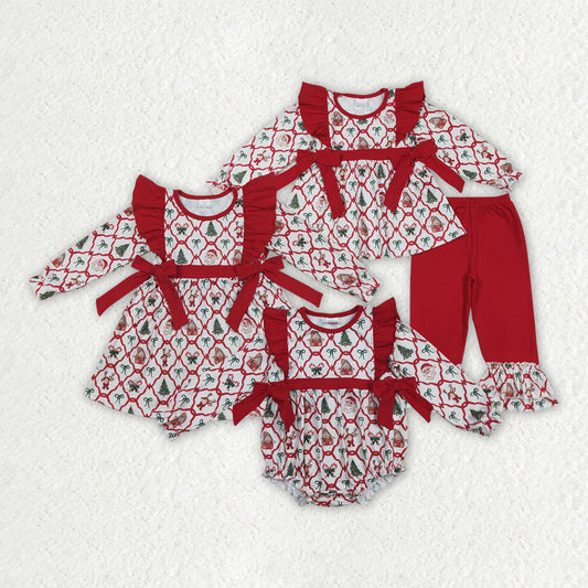 Sibling Baby Girls Christmas Trees Bows Rompers Dresses Outfits Sets