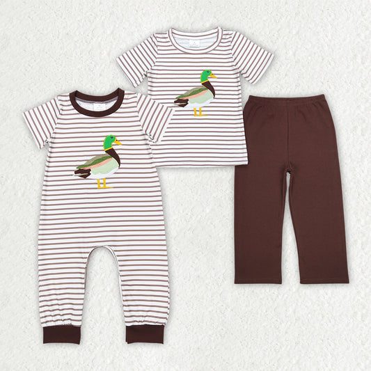 Sibling Baby Boys Duck Brown Embroidery Romper Outfits