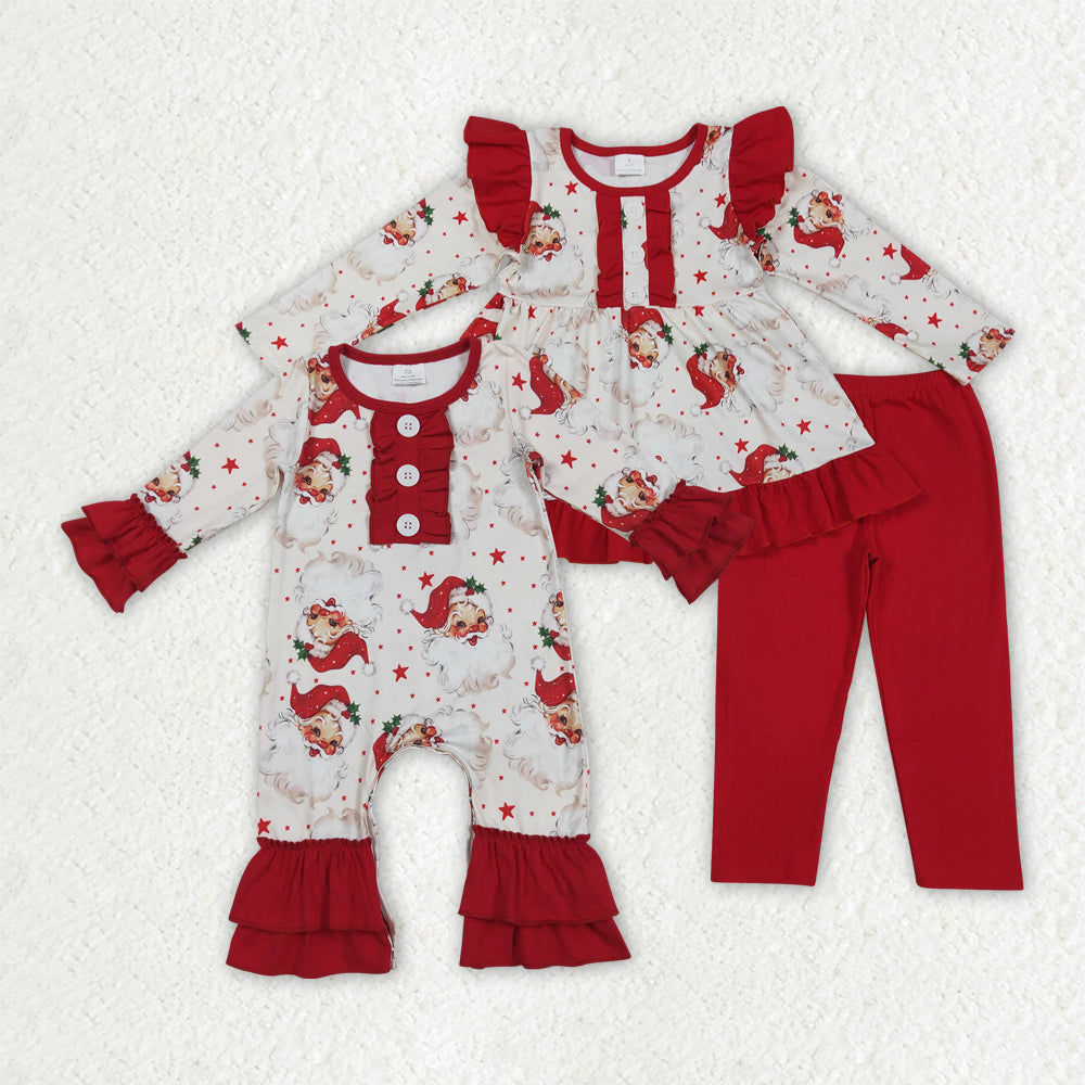 Sibling Baby Girls Christmas Santa Stars Rompers Outfits Sets