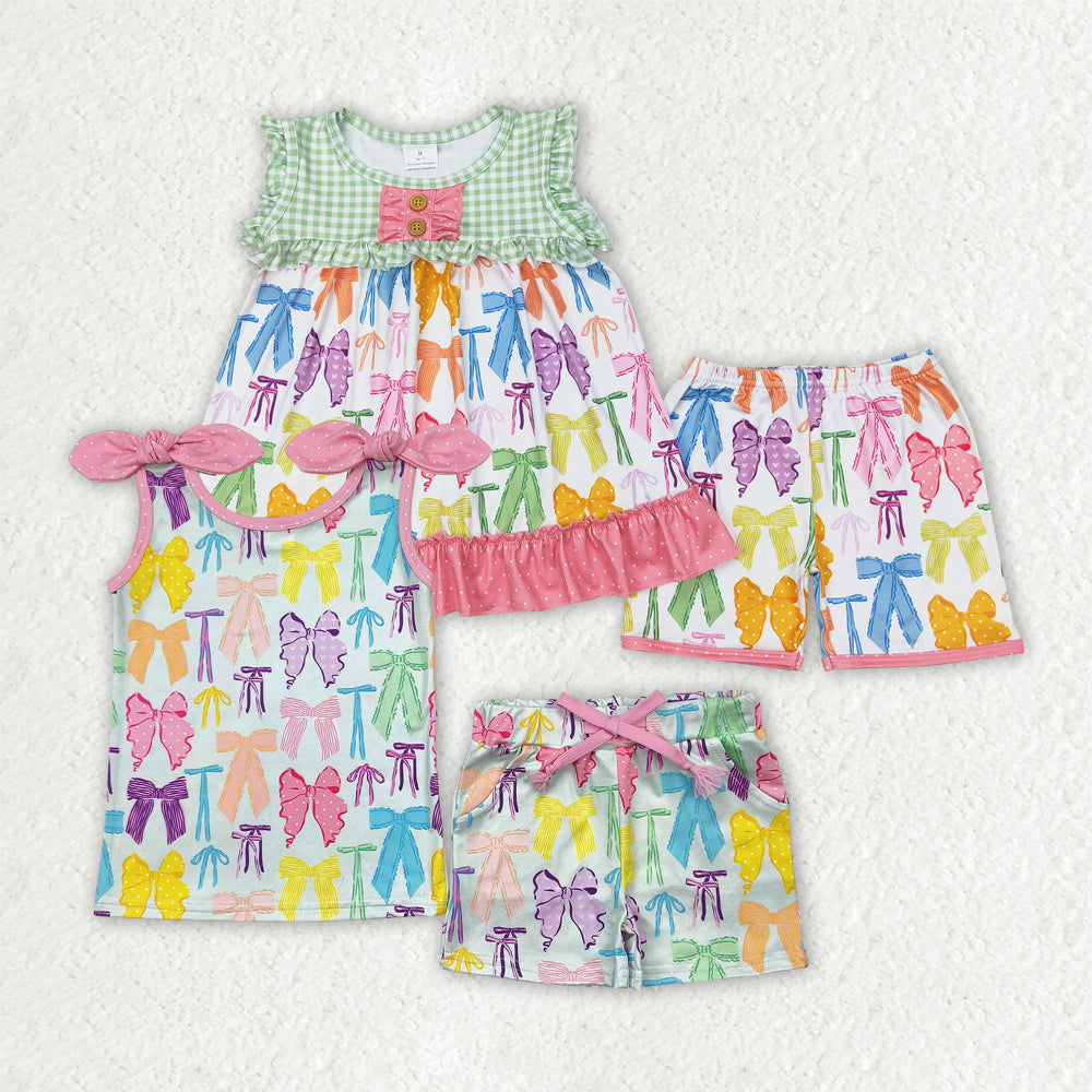 Sibling Baby Girls Colorful Bows Tops Shorts Outfits Sets