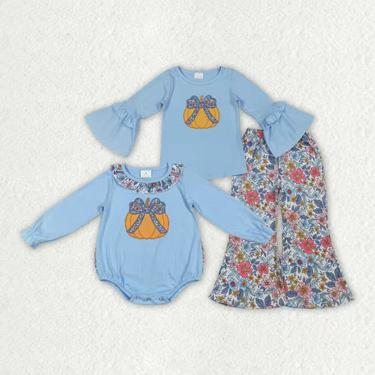 Sibling Embroidery Pumpkins Baby Girls Top Bell Bottom Pant Fall Clothes Sets Ruffle Rompers