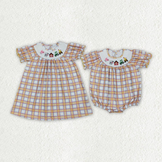 Sibling Baby Girls Fall Plaid Cows Farm Smocked Rompers Dresses