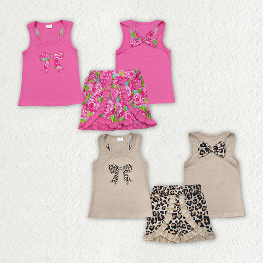 Sibling Embroidery Baby Girls Flower Bow Vest Top Ruffle Shorts Clothes Sets