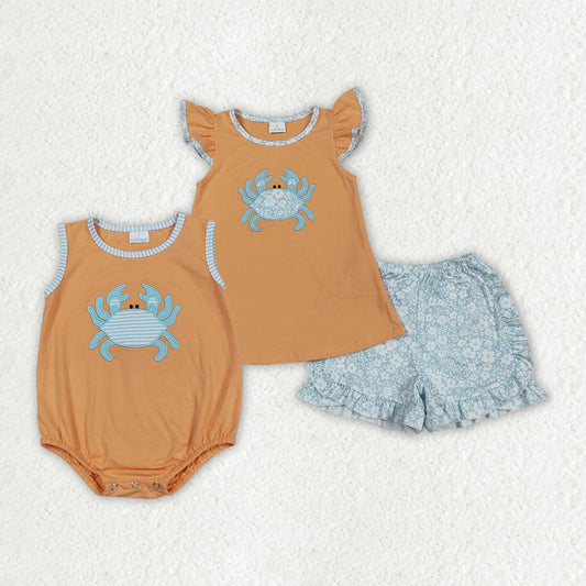 Sibling Embroidery Baby Girls Orange Crab Rompers Outfits Sets