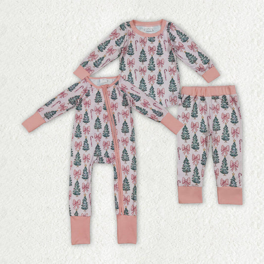 Sibling Baby Girls Pink Christmas Trees Rompers Pajamas Sets