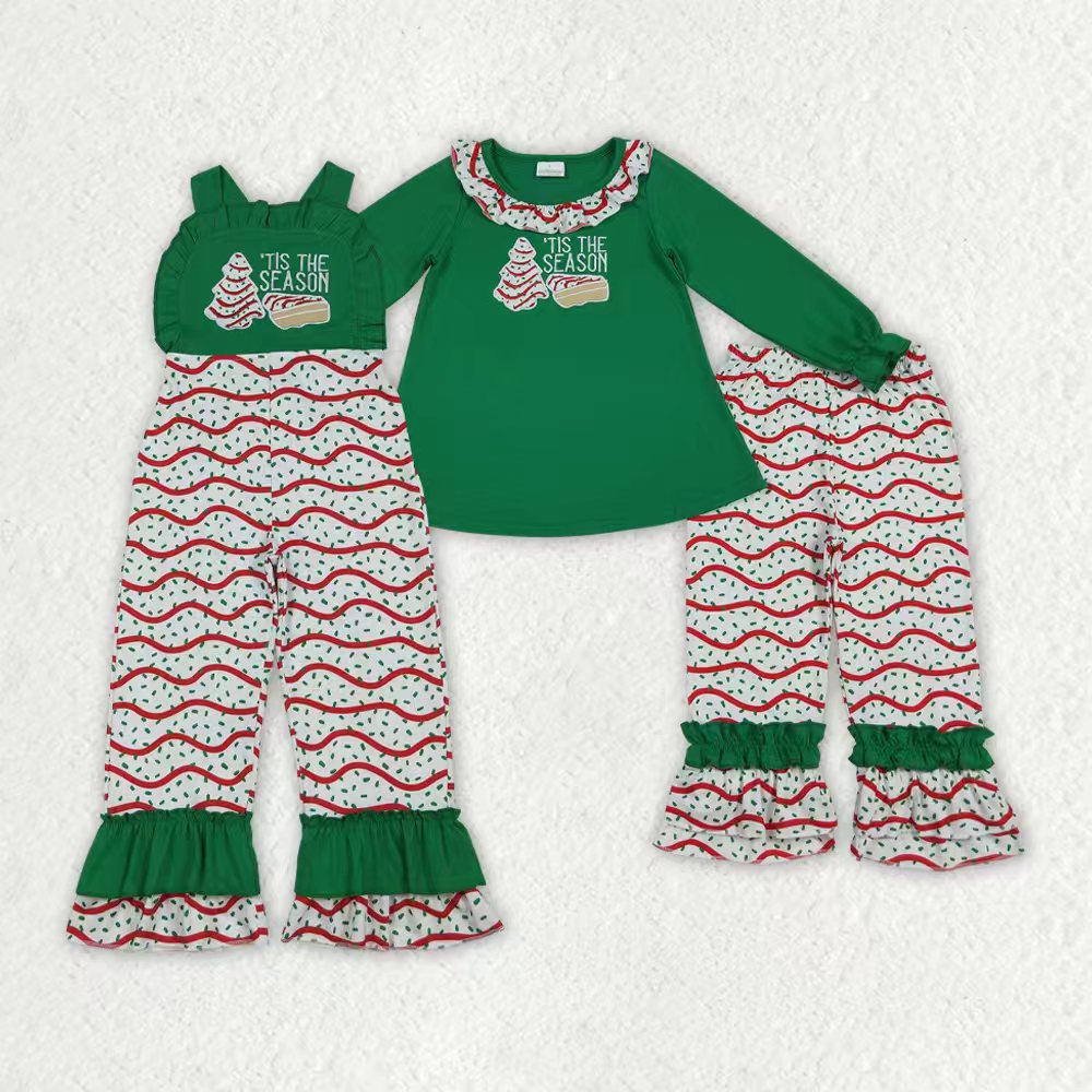 Sibling Baby Girls Embroidery Stripe Trees Tunic Ruffle Pants Christmas Clothes Sets Jumpsuits