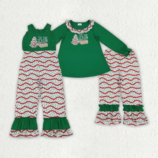 Sibling Baby Girls Embroidery Stripe Trees Tunic Ruffle Pants Christmas Clothes Sets Jumpsuits