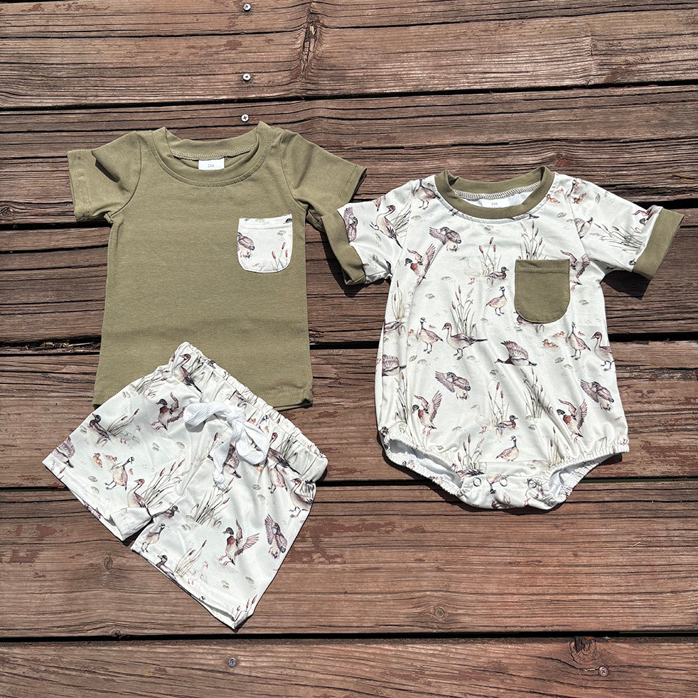 Sibling Baby Boys Green Hunting Ducks Mallard Rompers Outfits