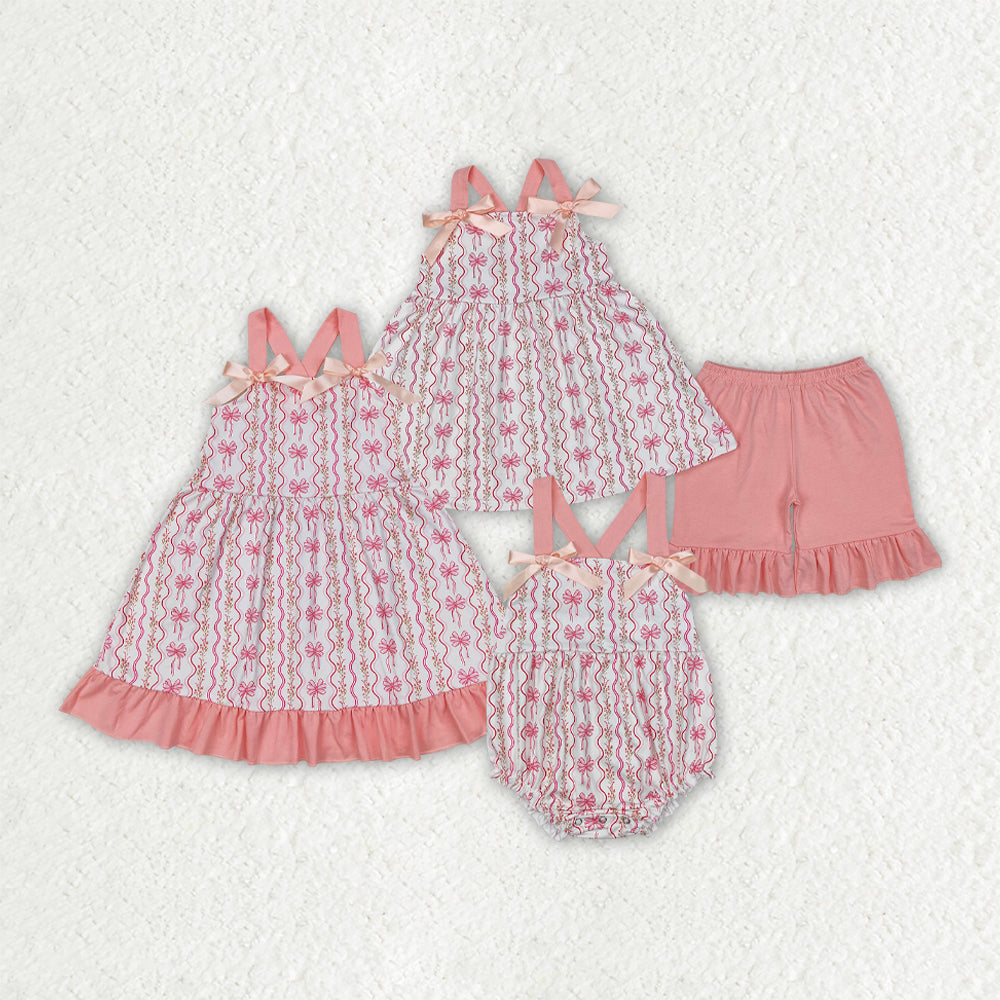 Sibling Baby Girls Pink Flowers Bows Rompers Dresses Outfits
