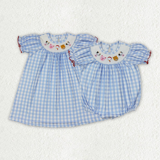 Sibling Baby Girls Blue Plaid Cows Pigs Farm Smocked Rompers Dresses